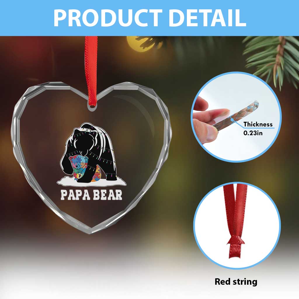 Autism Papa Bear Heart Crystal Glass Ornament Support Autistic Matching Family Dad - Wonder Print Shop