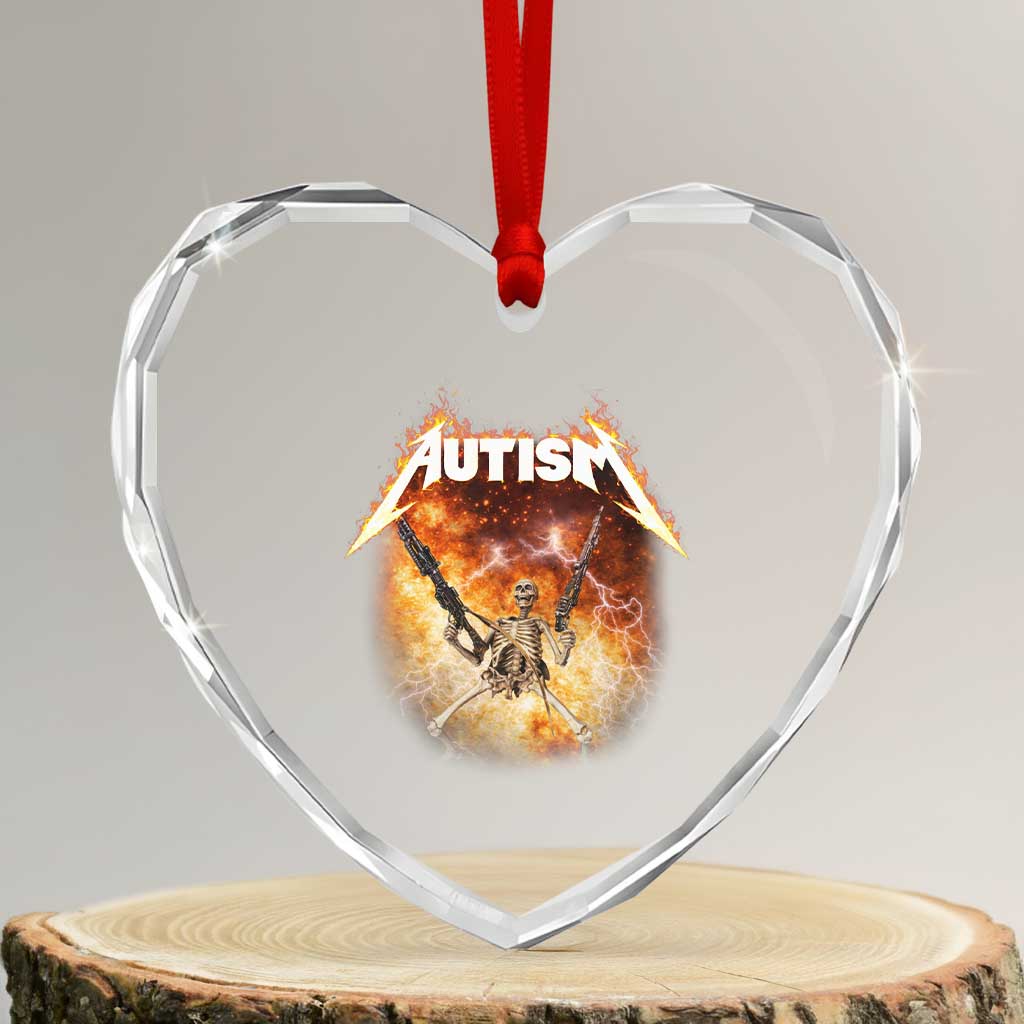 Autism Skeleton Funny Meme Heart Crystal Glass Ornament Fire Burning Flames