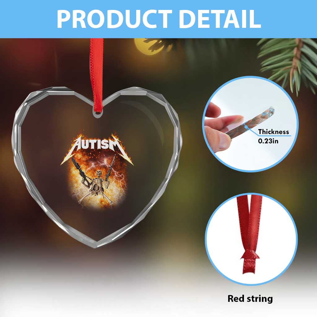 Autism Skeleton Funny Meme Heart Crystal Glass Ornament Fire Burning Flames