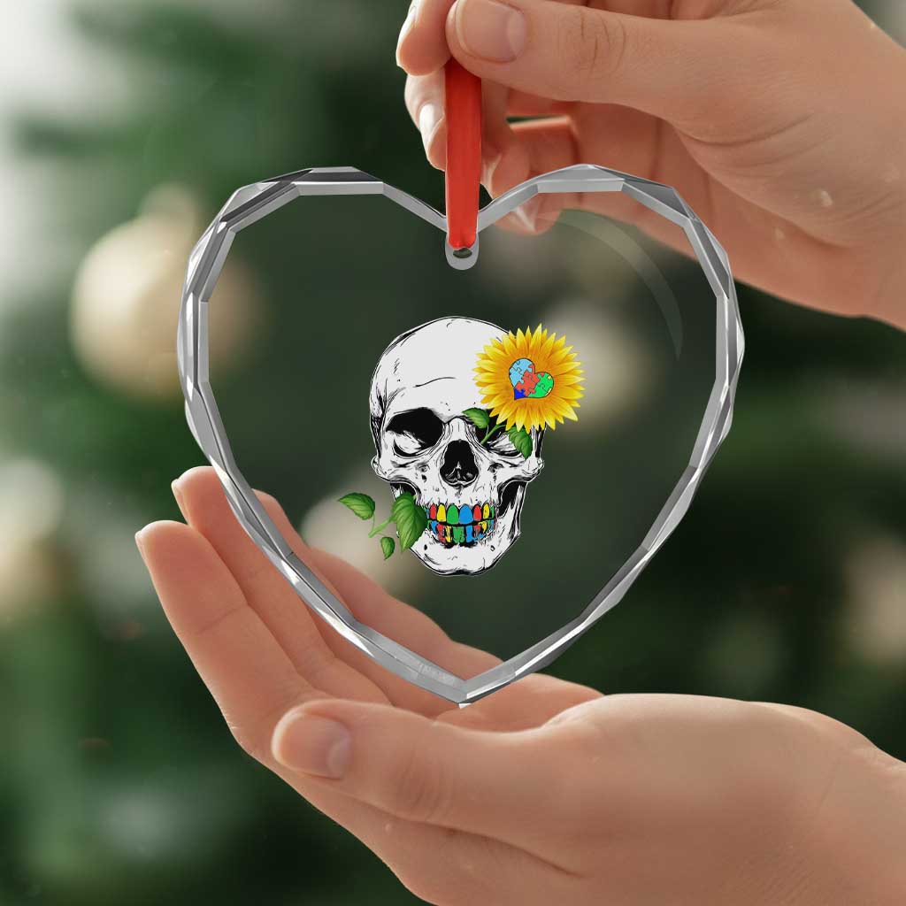 Autism Skull Sunflower Heart Crystal Glass Ornament Support Autistic Puzzle Pieces Heart - Wonder Print Shop