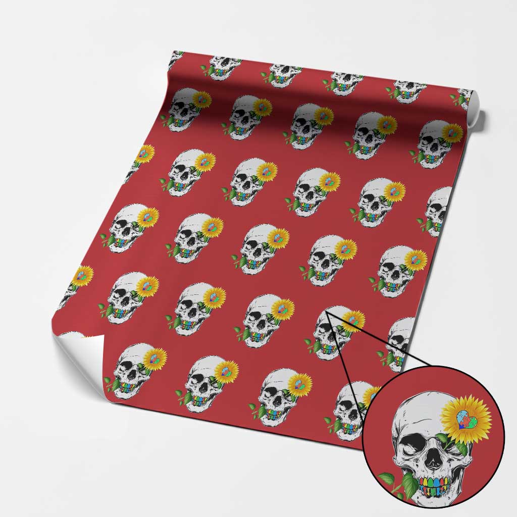 Autism Skull Sunflower Wrapping Paper Roll Support Autistic Puzzle Pieces Heart - Wonder Print Shop