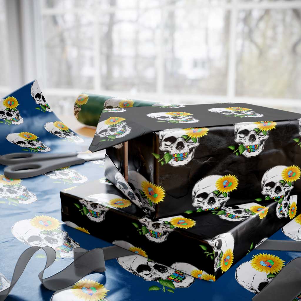 Autism Skull Sunflower Wrapping Paper Roll Support Autistic Puzzle Pieces Heart - Wonder Print Shop