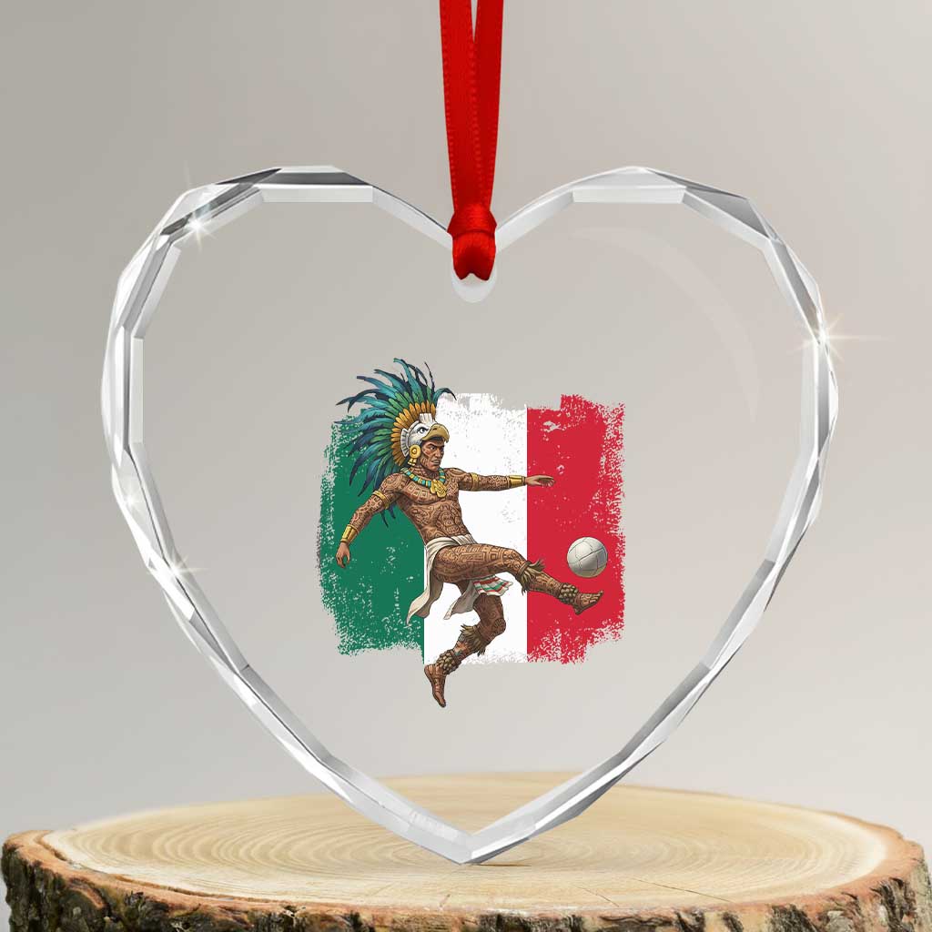 Aztec Warrior Playing Soccer Heart Crystal Glass Ornament Mexican Pride Football Fan Gift