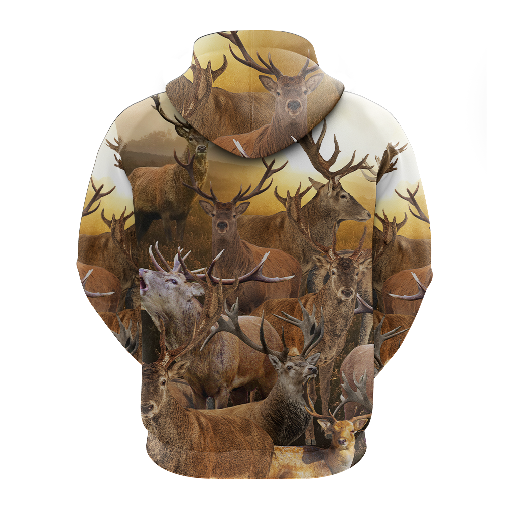 Deer graphic pullover hoodie in cream with all-over bucks and antlers on back
