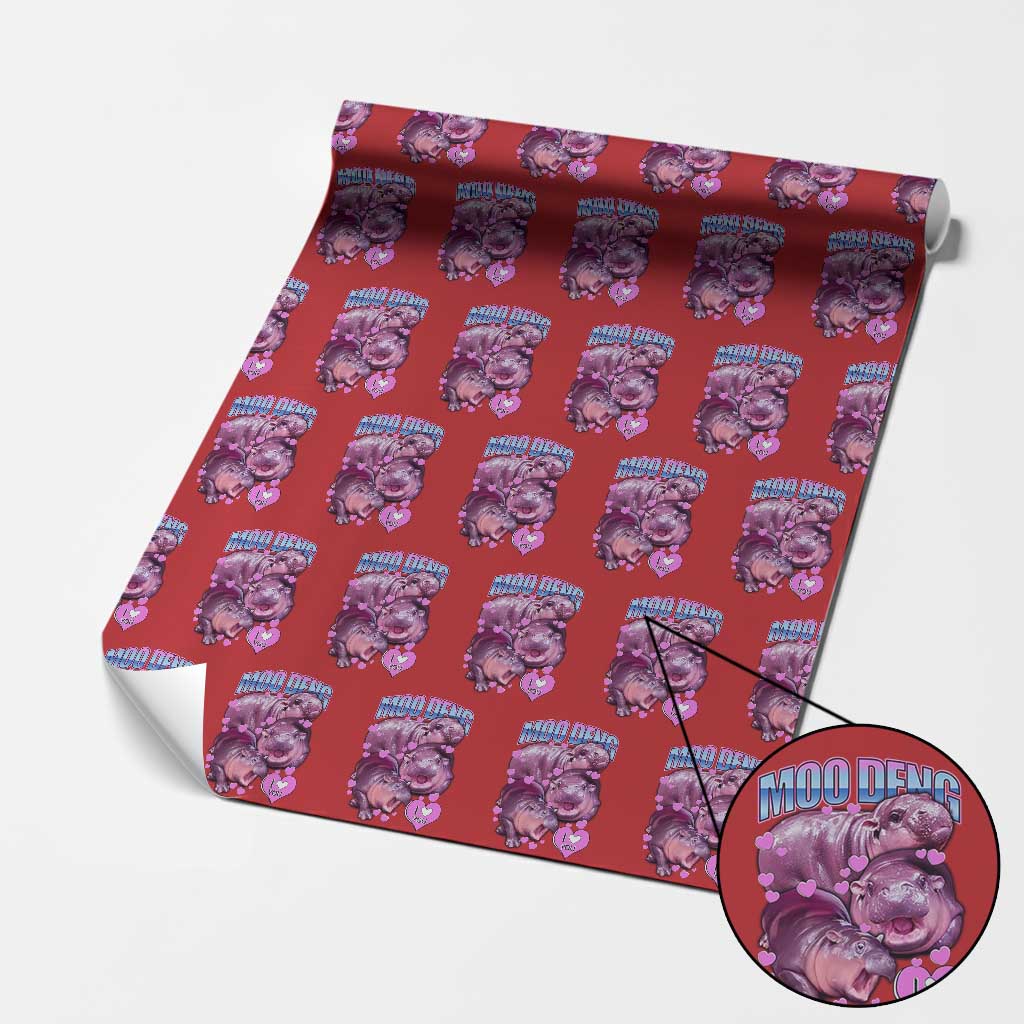 Baby Hippo Moo Deng Wrapping Paper Roll I Love Moo-Deng I Heart You Cute Pygmy Hippopotamus