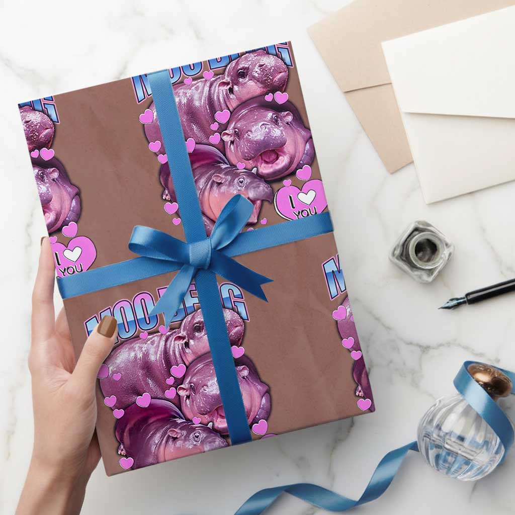 Baby Hippo Moo Deng Wrapping Paper Roll I Love Moo-Deng I Heart You Cute Pygmy Hippopotamus