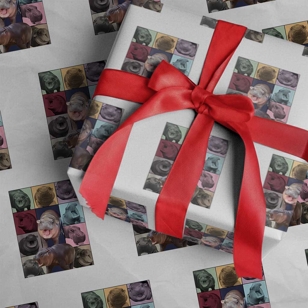 Baby Hippo Moo Deng Tour Wrapping Paper Roll Bouncy Cute Pygmy Hippopotamus