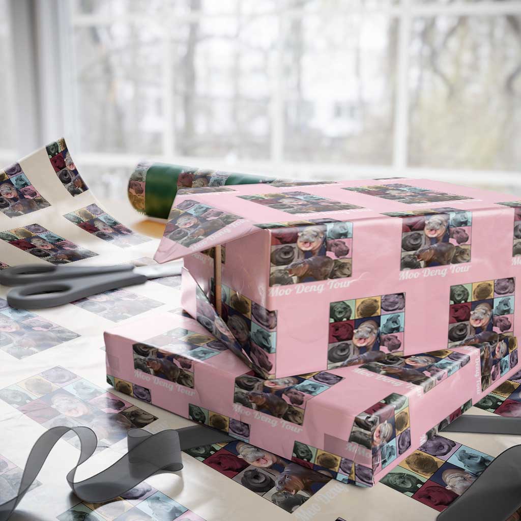 Baby Hippo Moo Deng Tour Wrapping Paper Roll Bouncy Cute Pygmy Hippopotamus
