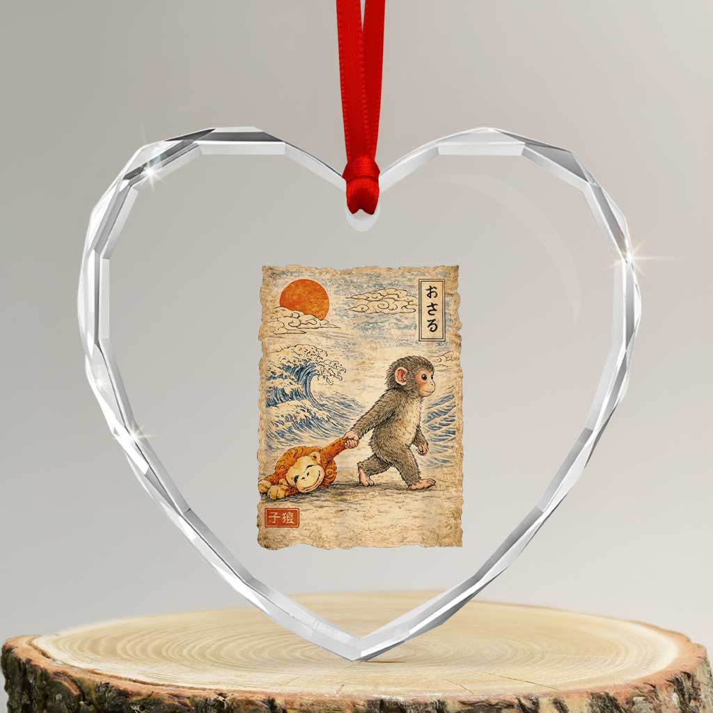Baby Punch the Monkey Japanese Style Graphic Heart Crystal Glass Ornament Dragging Plush Toy Vintage Art Gift