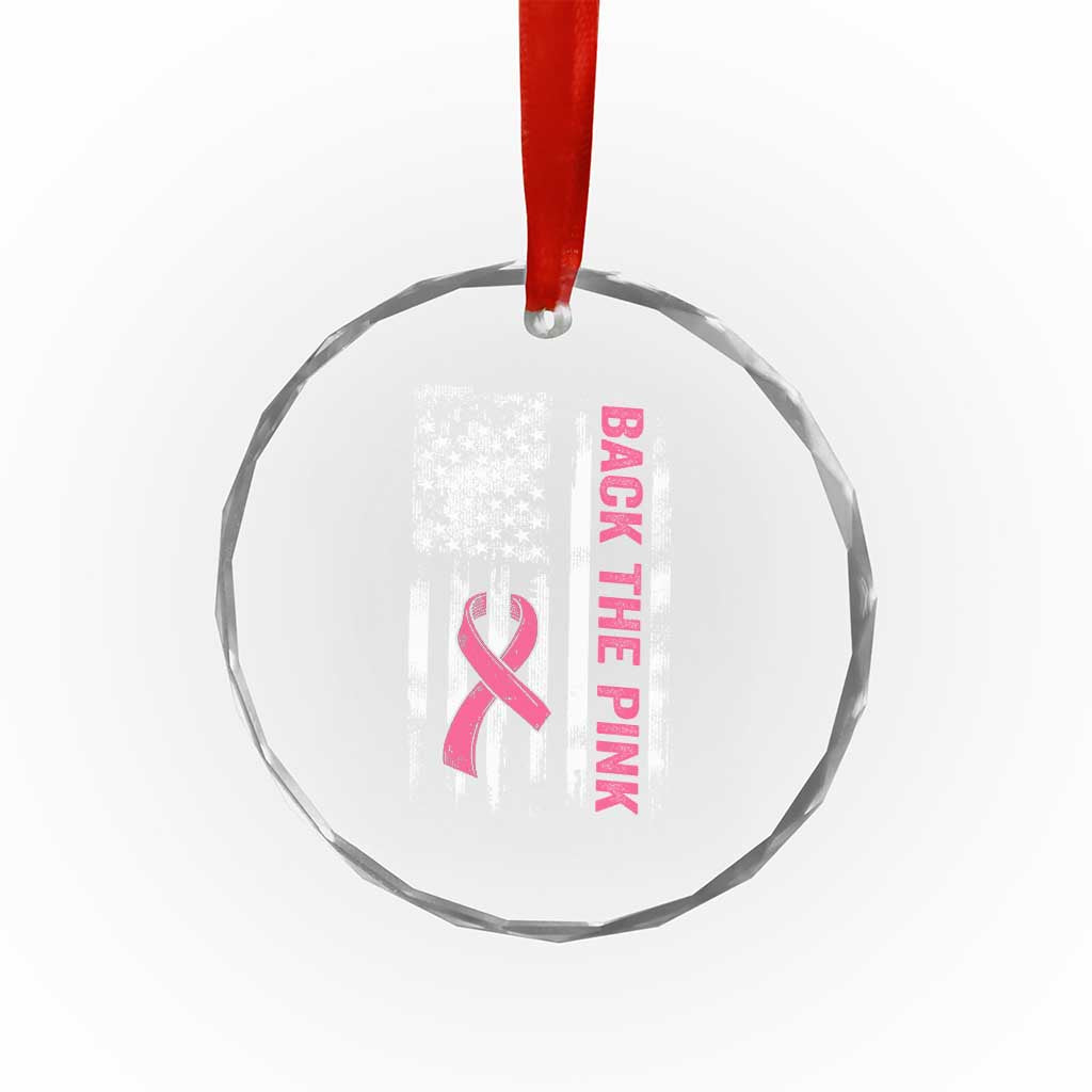 Back The Pink Ribbon Breast Cancer Awareness Crystal Glass Ornament American Flag TS10