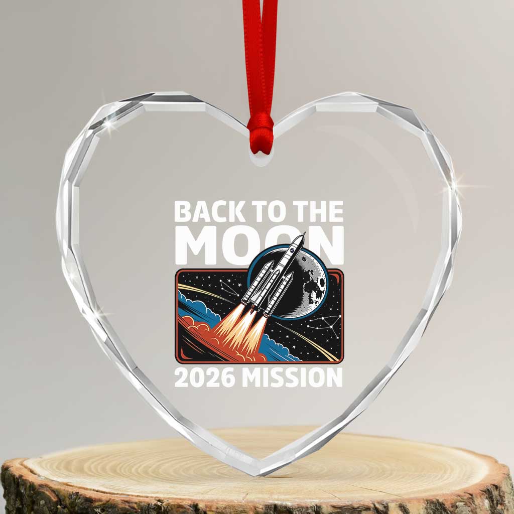 Back to the Moon 2026 Mission Heart Crystal Glass Ornament Retro Rocket Launch Lunar Orbit Space Enthusiasts