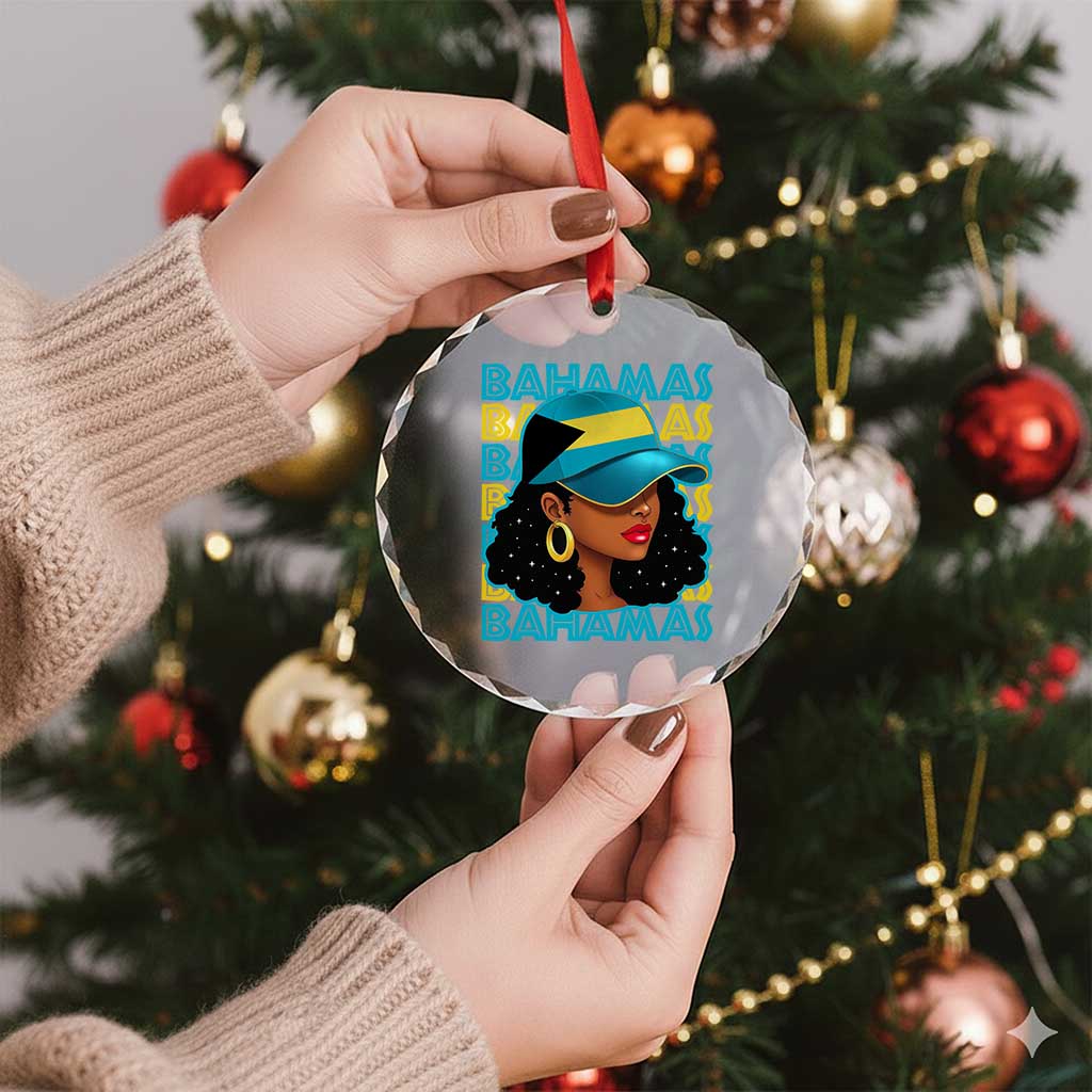 Bahamian Girl Crystal Glass Ornament Melanin Afro Messy Bun Black Woman Bahamas Flag TS10