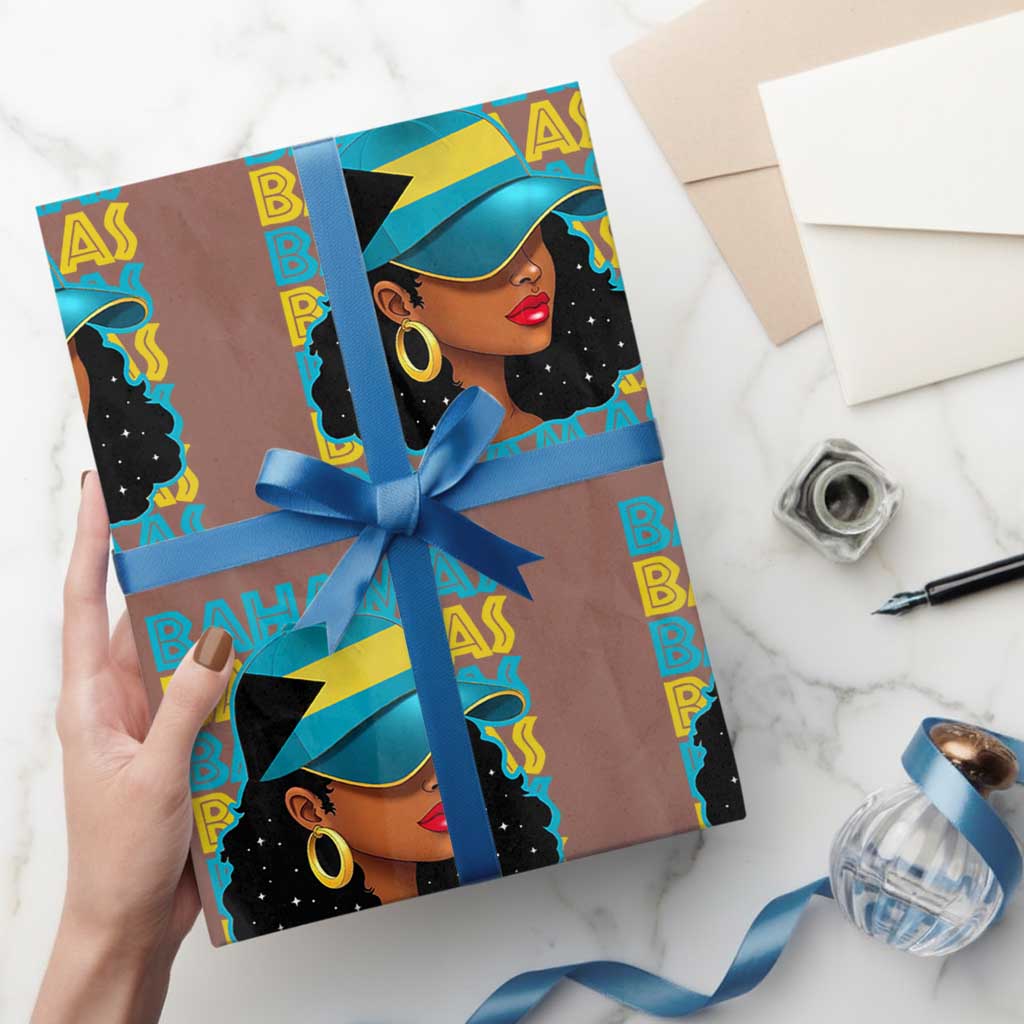 Bahamian Girl Wrapping Paper Roll Melanin Afro Messy Bun Black Woman Bahamas Flag - Wonder Print Shop