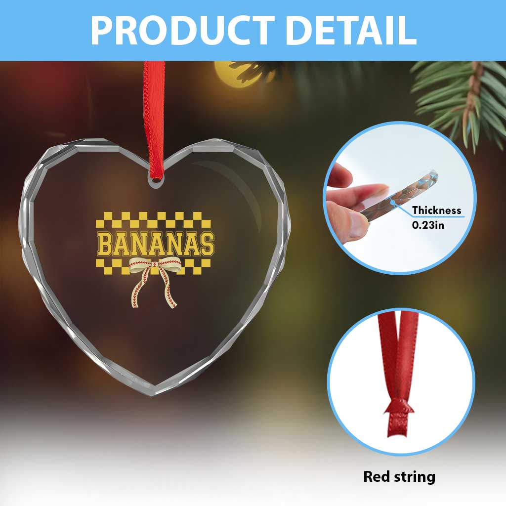 Bananas Coquette Bow Checkered Heart Crystal Glass Ornament Women Girls Kids