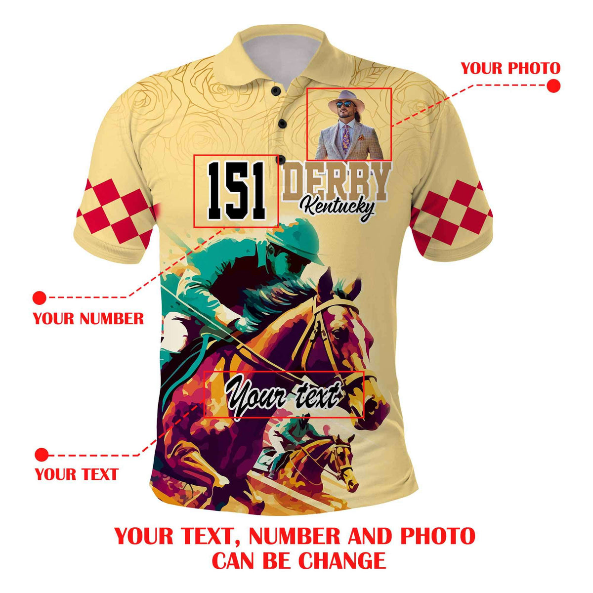 Custom Photo Kentucky Horse Racing Polo Shirt Derby Anniversary Art Gold Version