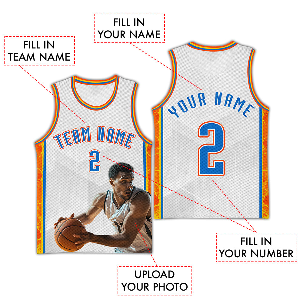 Custom White Orange Thunder Sport Basketball Jersey