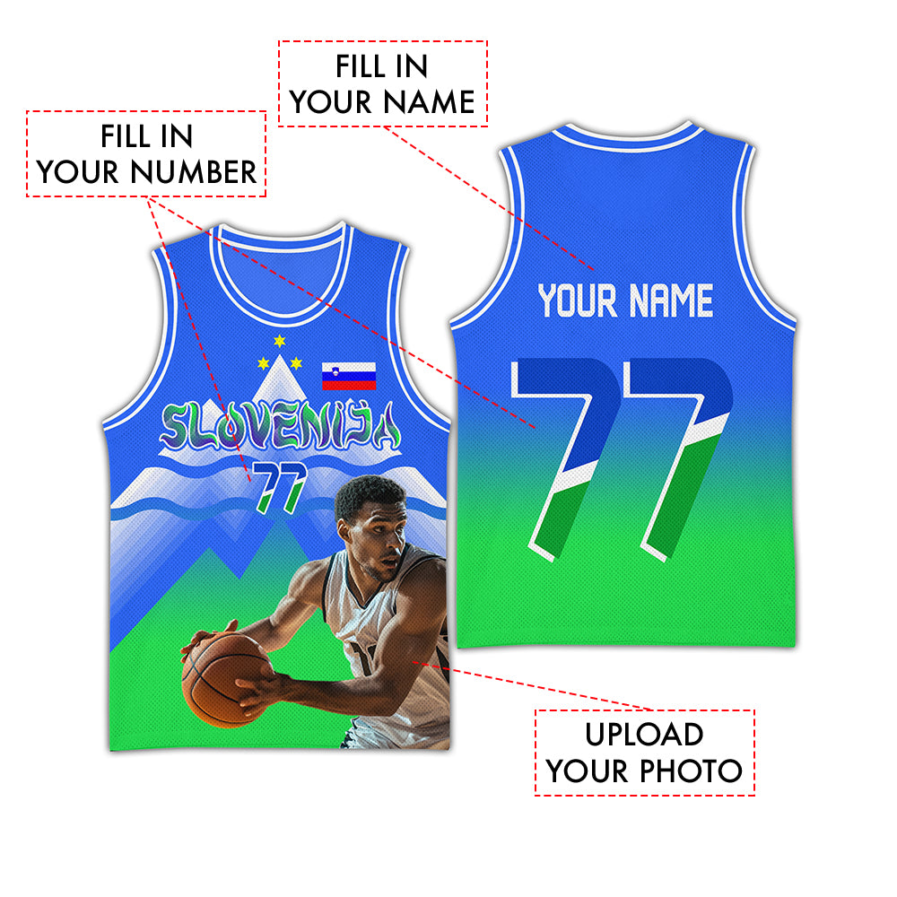 Custom Photo Slovenia Deep Icy-Light Green Basketball Jersey