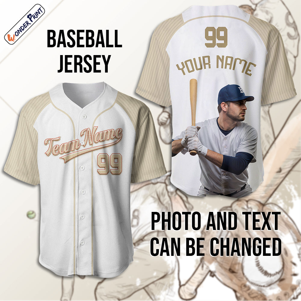 Custom Photo and Name Beige-White Color Baseball Jersey