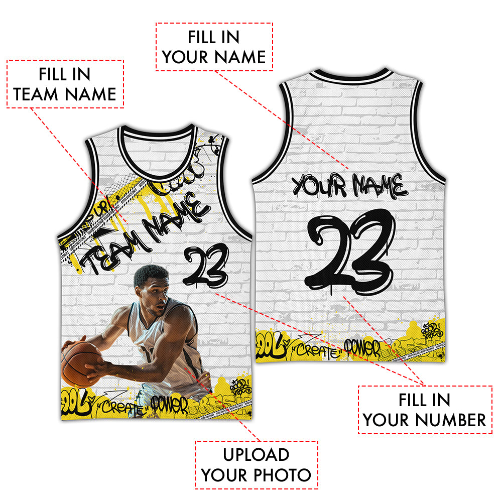 Custom Photo Yellow-White Color Graffiti Style Basketball Jersey CTM03