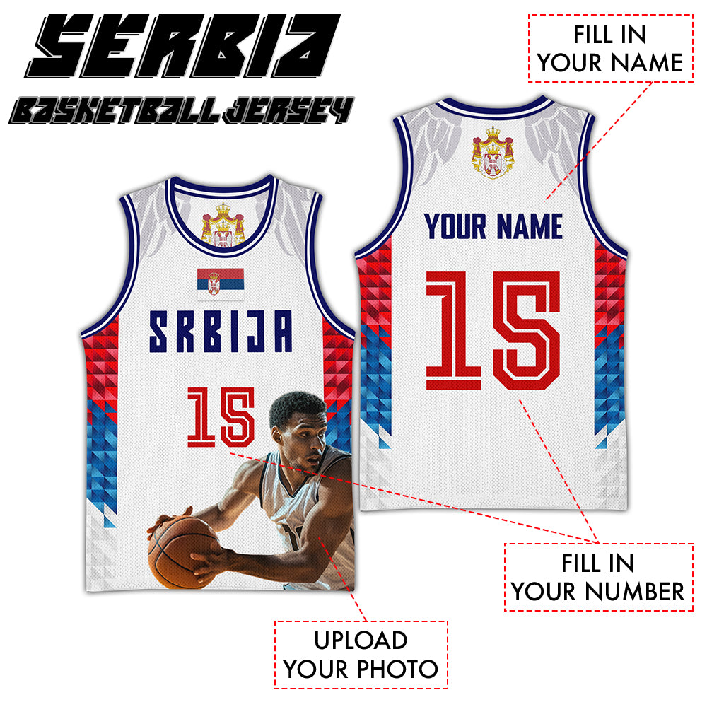 Custom White Eagle Wings Style Serbia Basketball Jersey