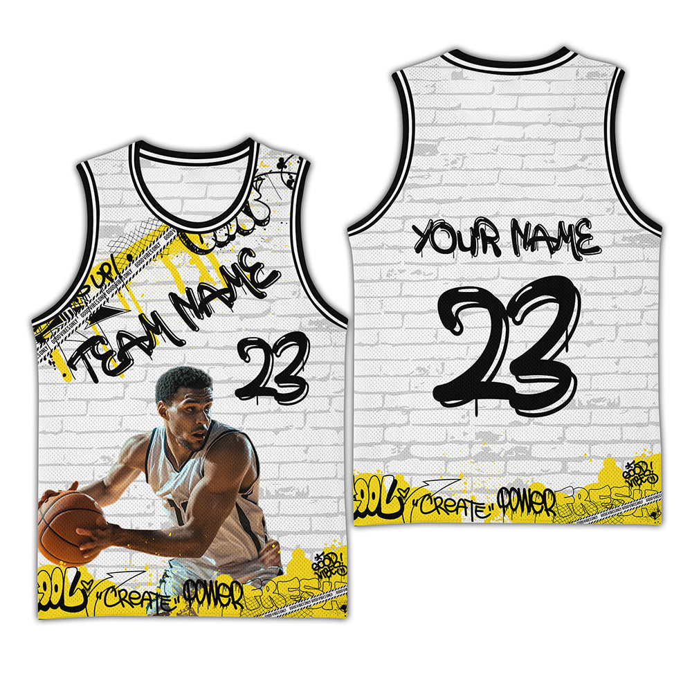 Custom Photo Yellow-White Color Graffiti Style Basketball Jersey CTM03