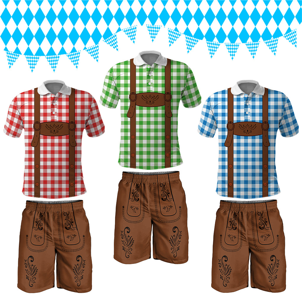 Lederhosen Costume Combo Polo Shirt and Men's Shorts Caro Pattern LT03