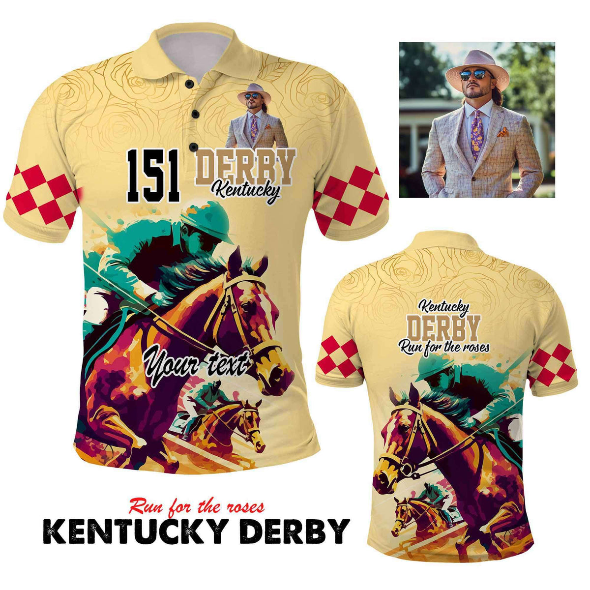 Custom Photo Kentucky Horse Racing Polo Shirt Derby Anniversary Art Gold Version
