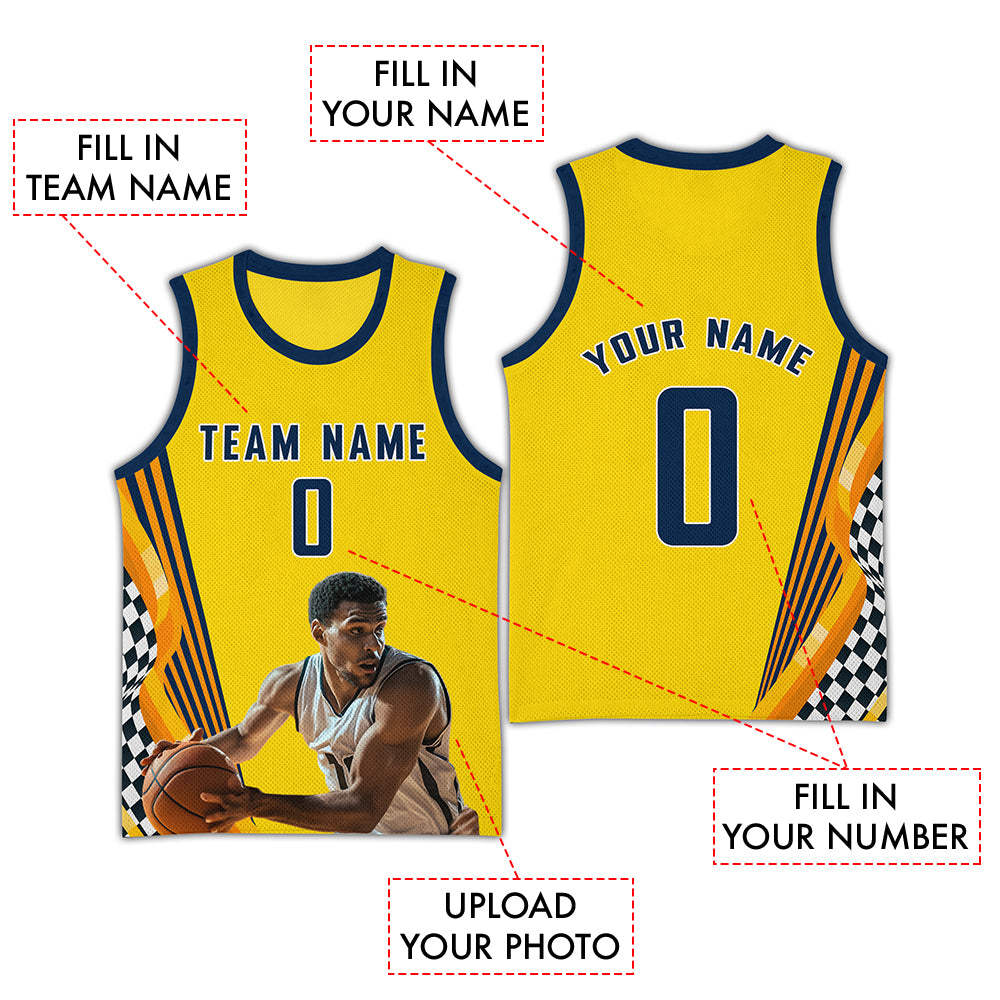 Custom Photo Yellow-Navy Racing Side Basketball Jersey