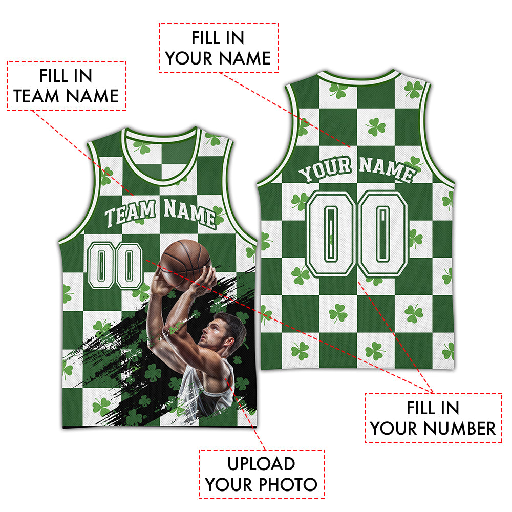 Custom Green Shamrock Basketball Jersey with Photo & Name | Wonder Print Shop