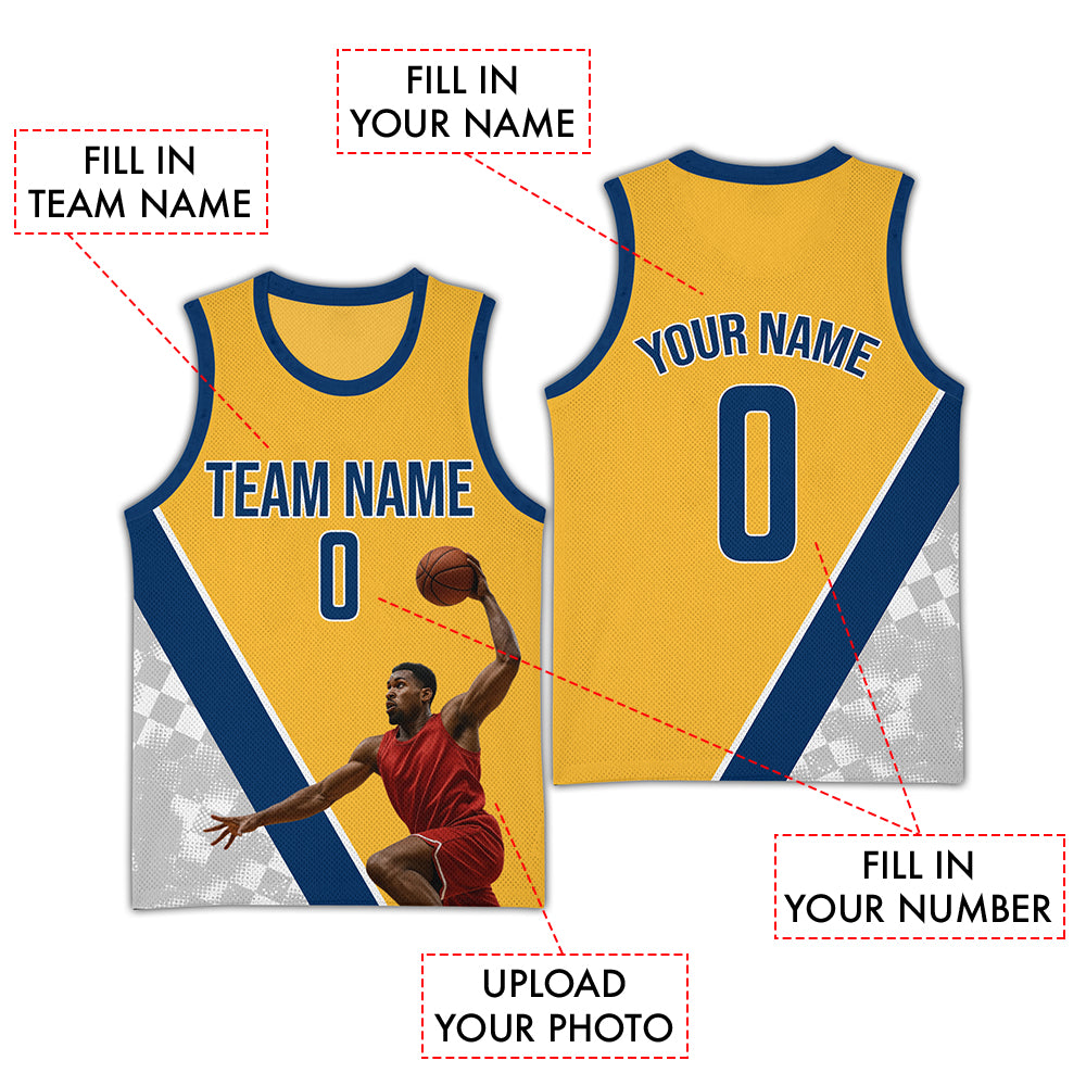 Custom Photo Yellow-Navy Checkerboard Halftone Basketball Jersey CTM03