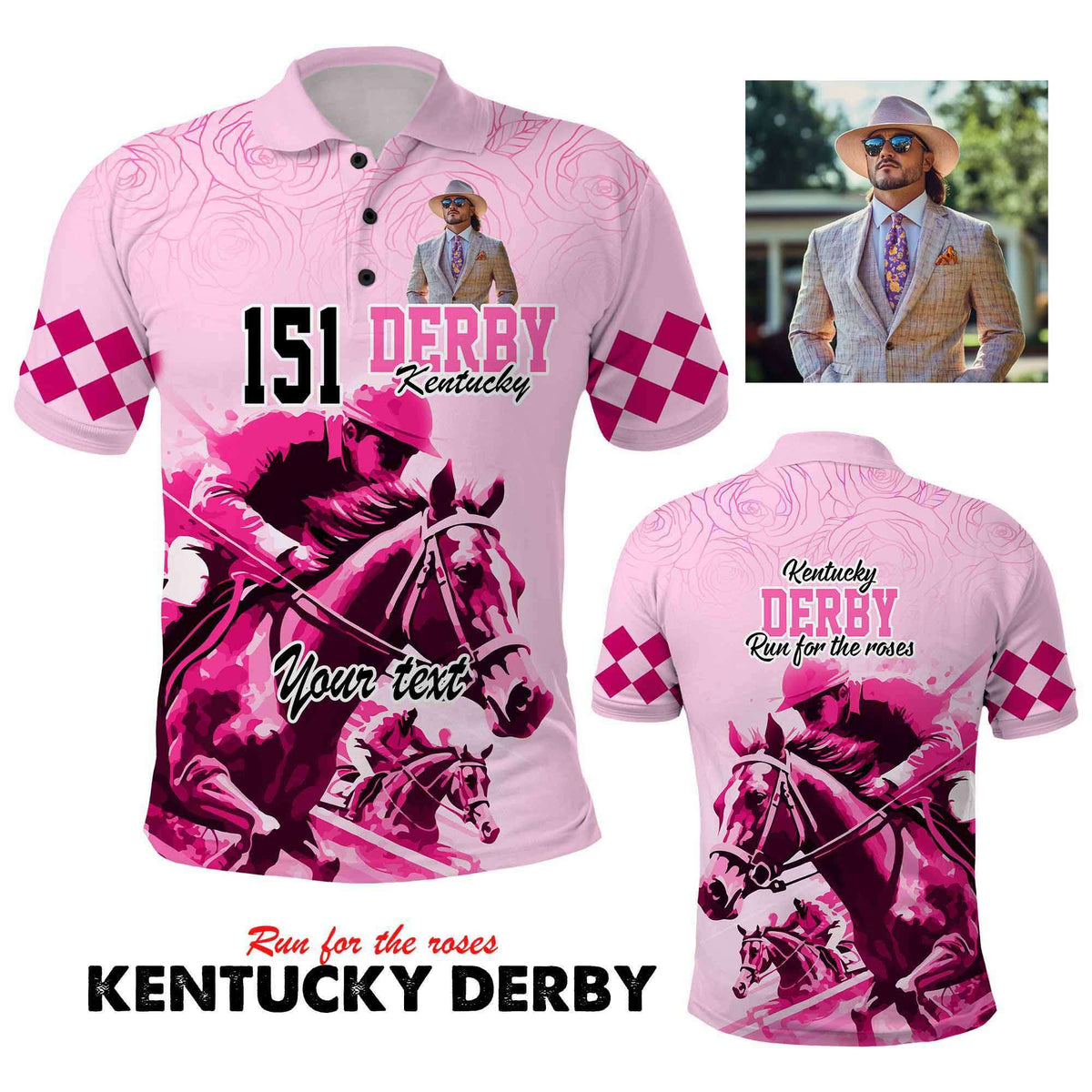 Custom Kentucky Derby Polo Shirt with Photo – Pink Out Party Horse Racing Design CTM09