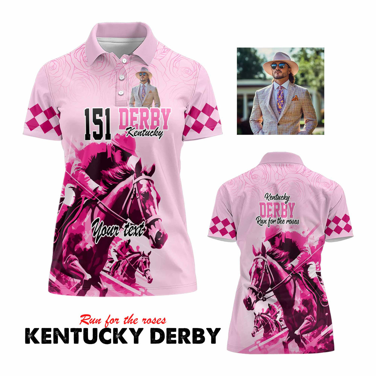 Custom Women's Kentucky Derby Polo Shirt with Photo – Pink Out Party Horse Racing Design CTM09