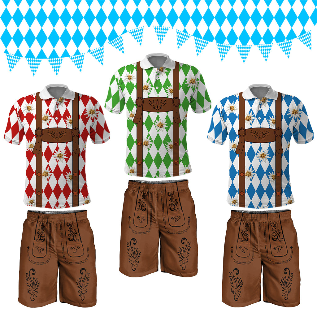 Lederhosen Costume Combo Polo Shirt and Men's Shorts Edelweiss-Bavarian Pattern LT03