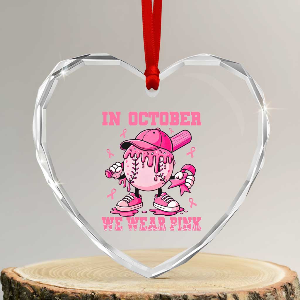 Baseball Breast Cancer Heart Crystal Glass Ornament In October We Wear Pink Baseball Drip