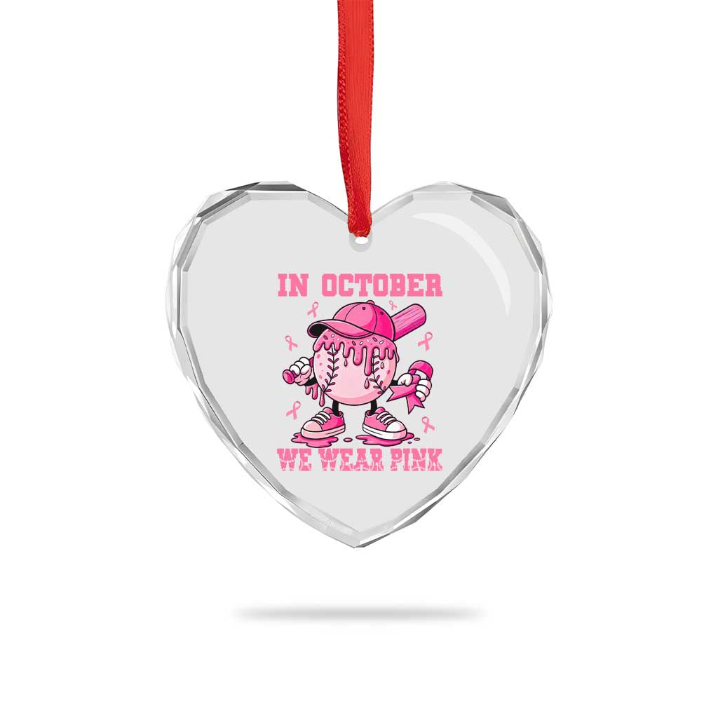 Baseball Breast Cancer Heart Crystal Glass Ornament In October We Wear Pink Baseball Drip