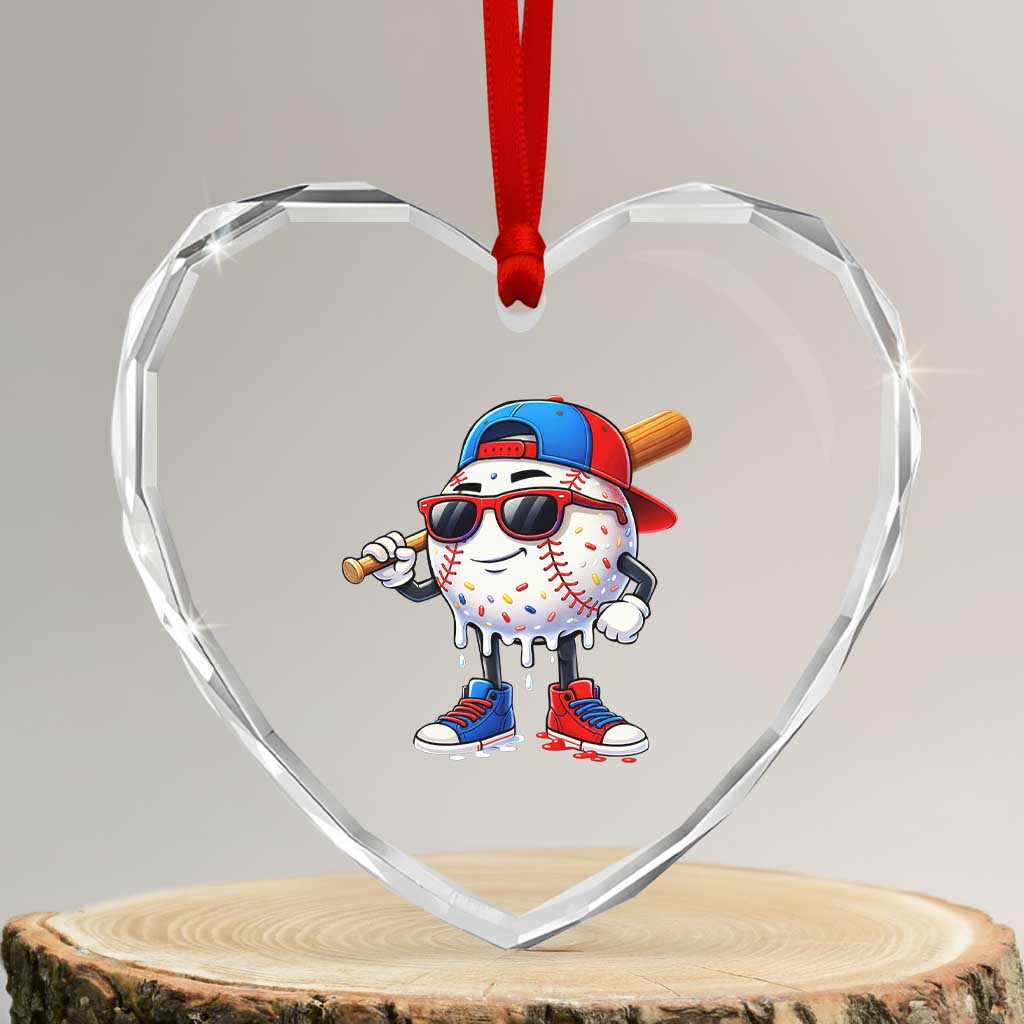 Baseball Drip Ice Cream Heart Crystal Glass Ornament Youth Drip Baseball Boys Kid Red White And Blue