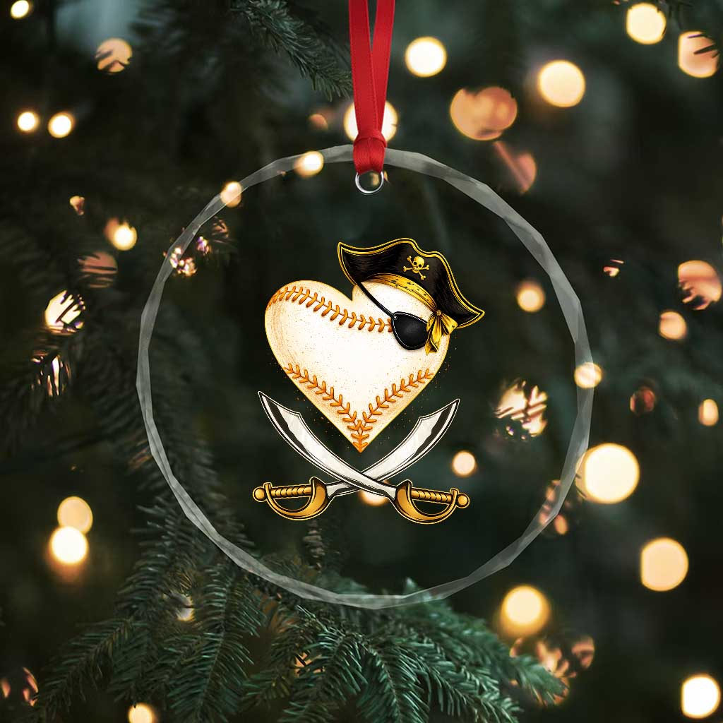 Baseball Pirate Crystal Glass Ornament Baseball Heart With Skull