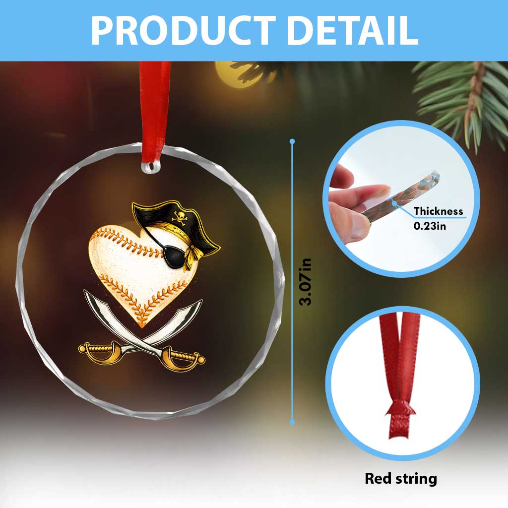 Baseball Pirate Crystal Glass Ornament Baseball Heart With Skull