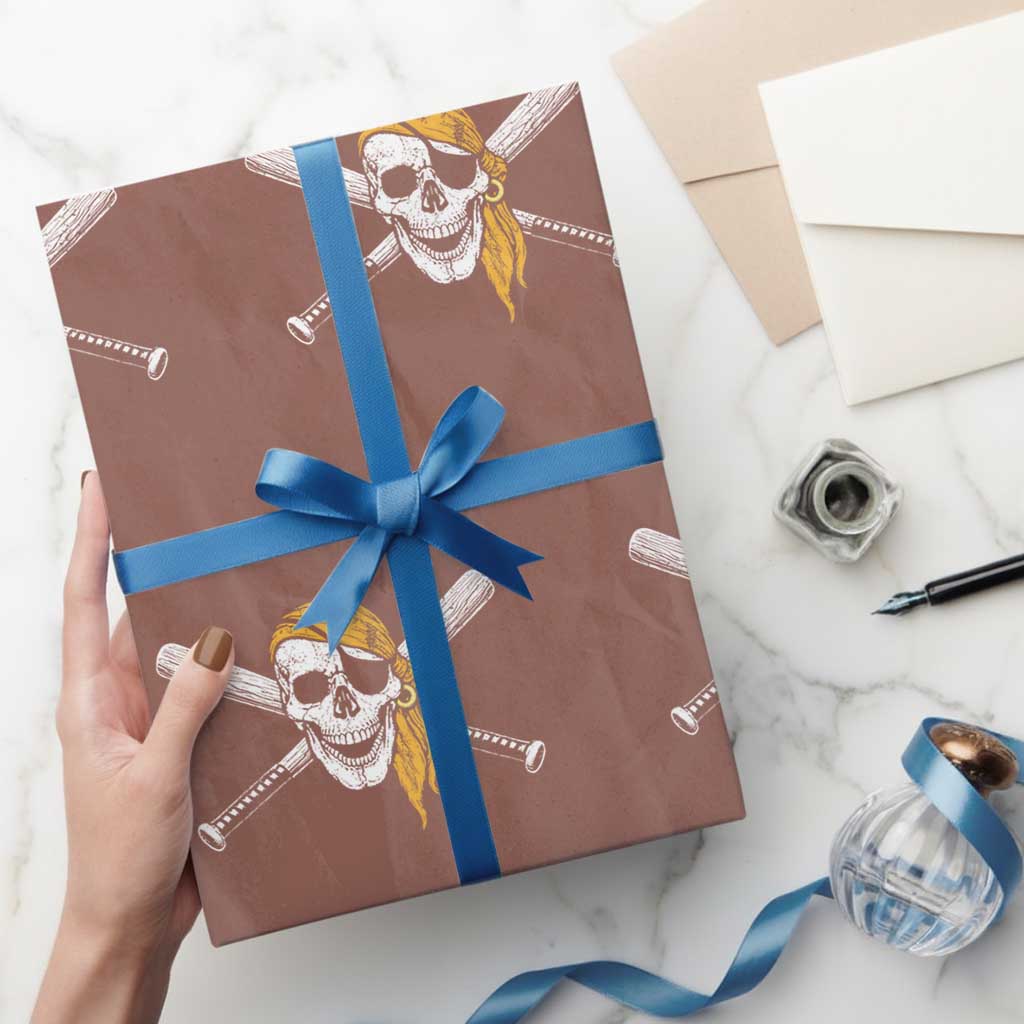 Baseball Pirate Skull Wrapping Paper Roll Retro Vintage Cross Baseball Bats