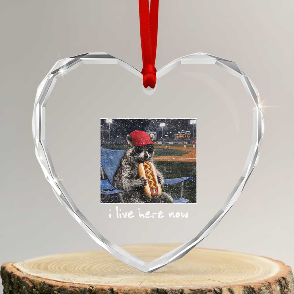 Baseball Raccoon I Live Here Now Heart Crystal Glass Ornament Funny Trash Panda Eating Hot Dog Ballfield