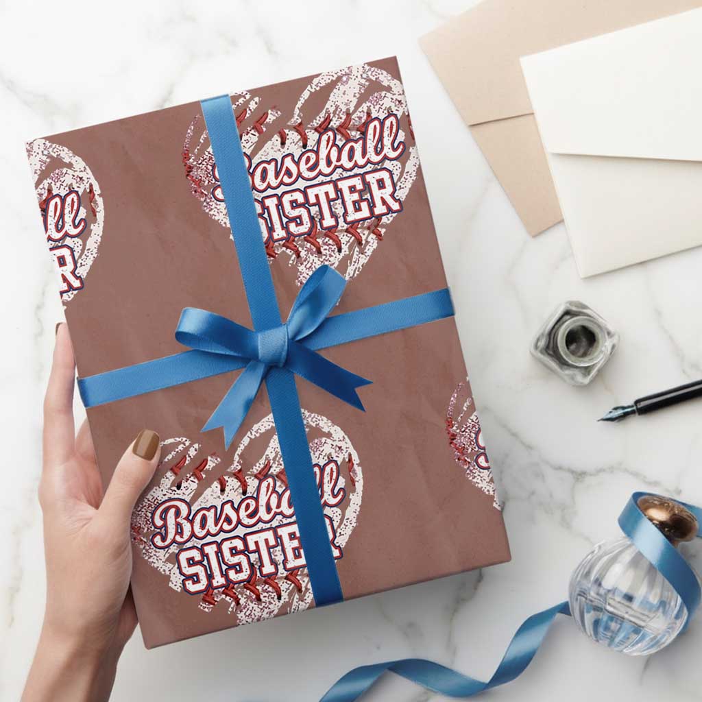 Baseball Sister Wrapping Paper Roll Vintage Baseball Heart Game Day