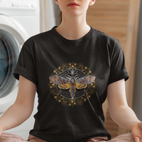 Black women's graphic T-shirt with ornate moth mandala insect print on chest
