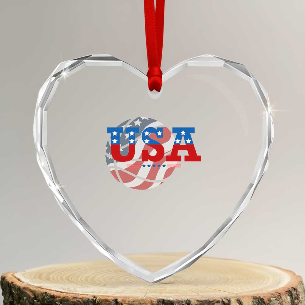 Basketball Heart Crystal Glass Ornament USA Patriotic American Flag Stars and Stripes Team Sport Fan - Wonder Print Shop