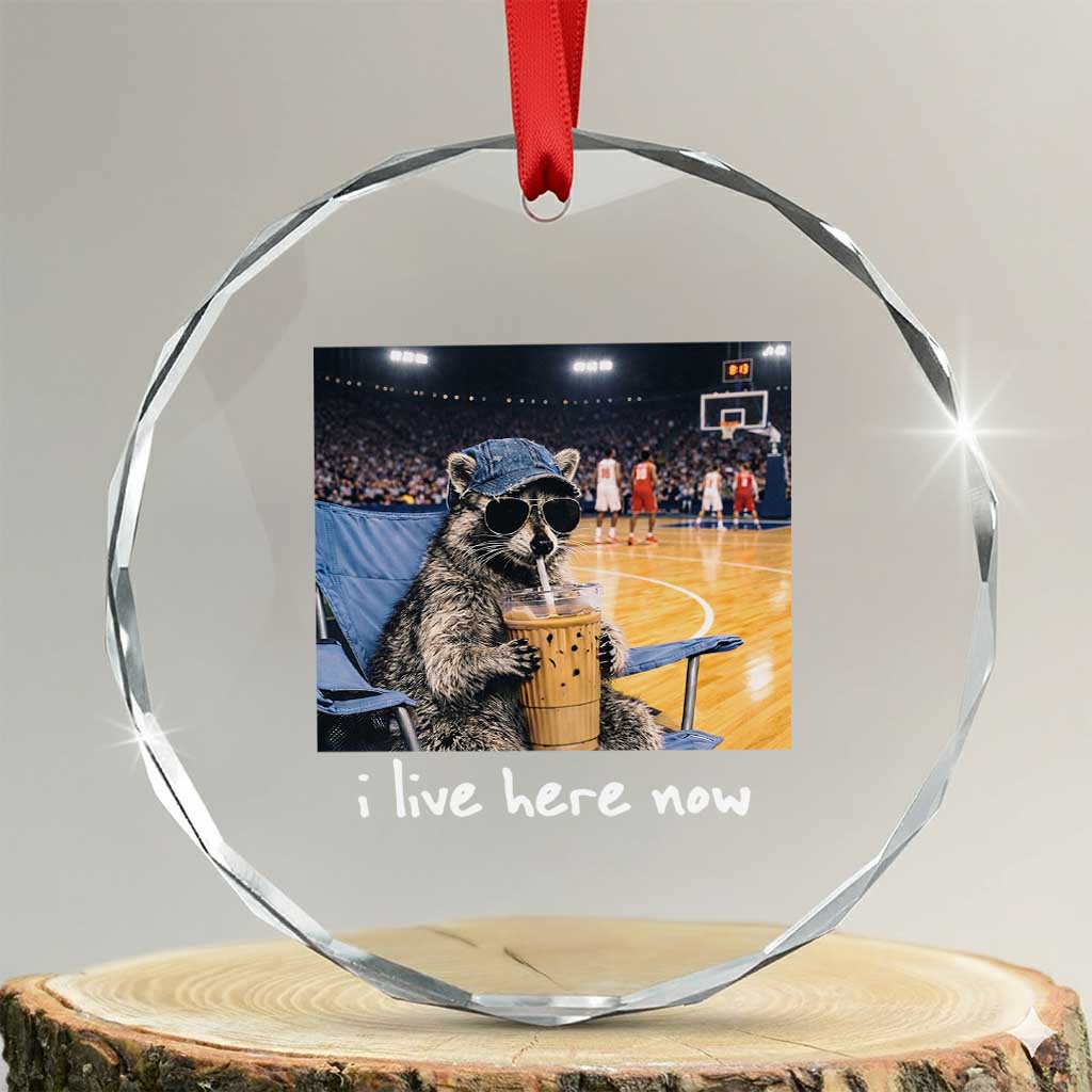Basketball Raccoon I Live Here Now Crystal Glass Ornament Funny Trash Panda Drinking Iced Coffee Basketball Court