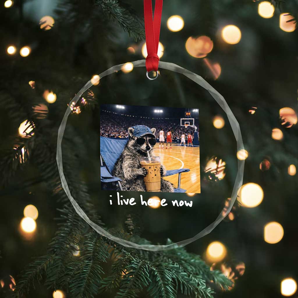Basketball Raccoon I Live Here Now Crystal Glass Ornament Funny Trash Panda Drinking Iced Coffee Basketball Court