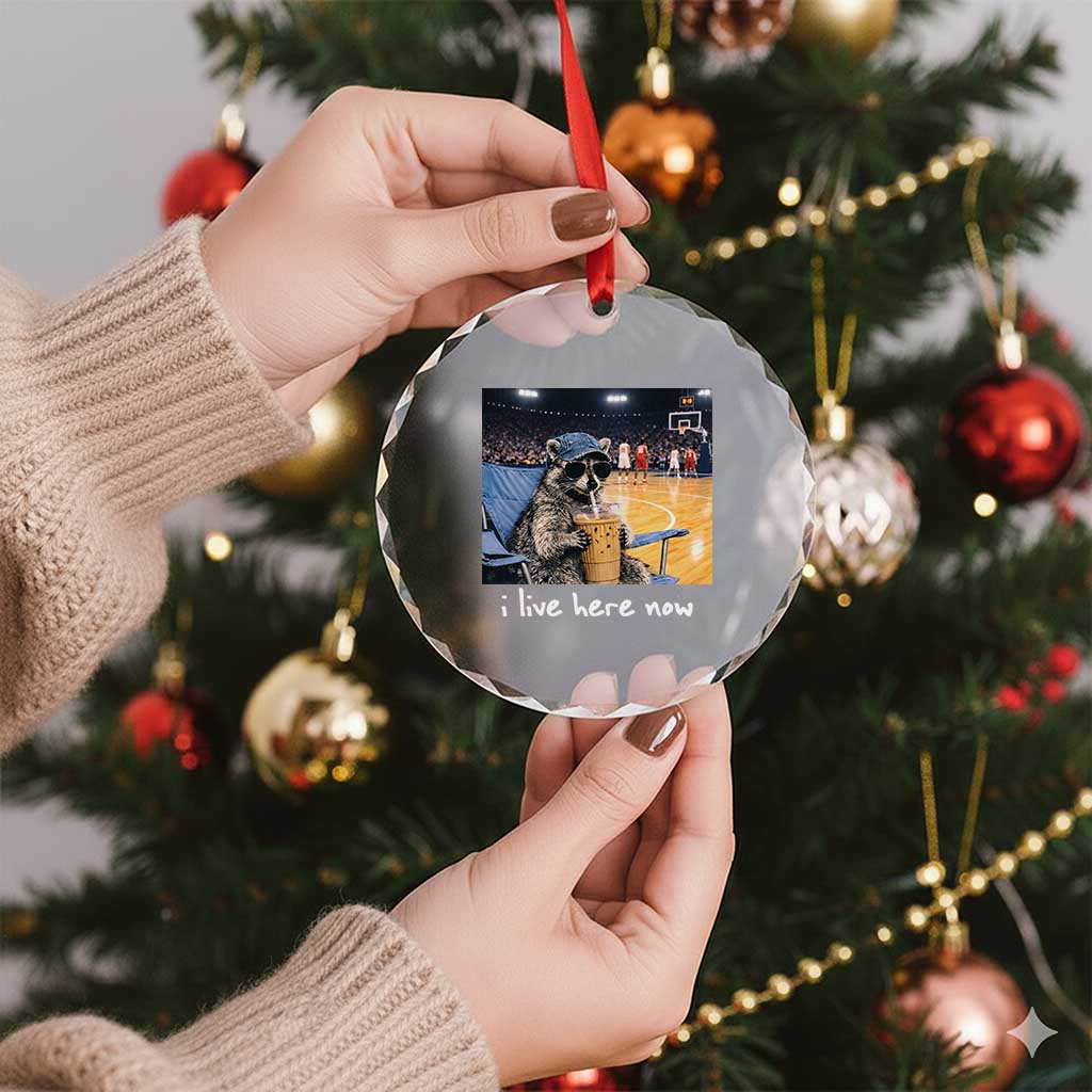 Basketball Raccoon I Live Here Now Crystal Glass Ornament Funny Trash Panda Drinking Iced Coffee Basketball Court