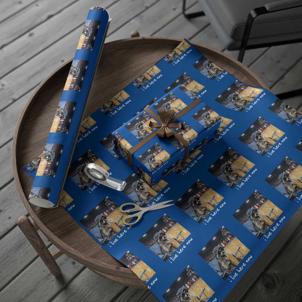 Basketball Raccoon I Live Here Now Wrapping Paper Roll Funny Trash Panda Drinking Iced Coffee Basketball Court