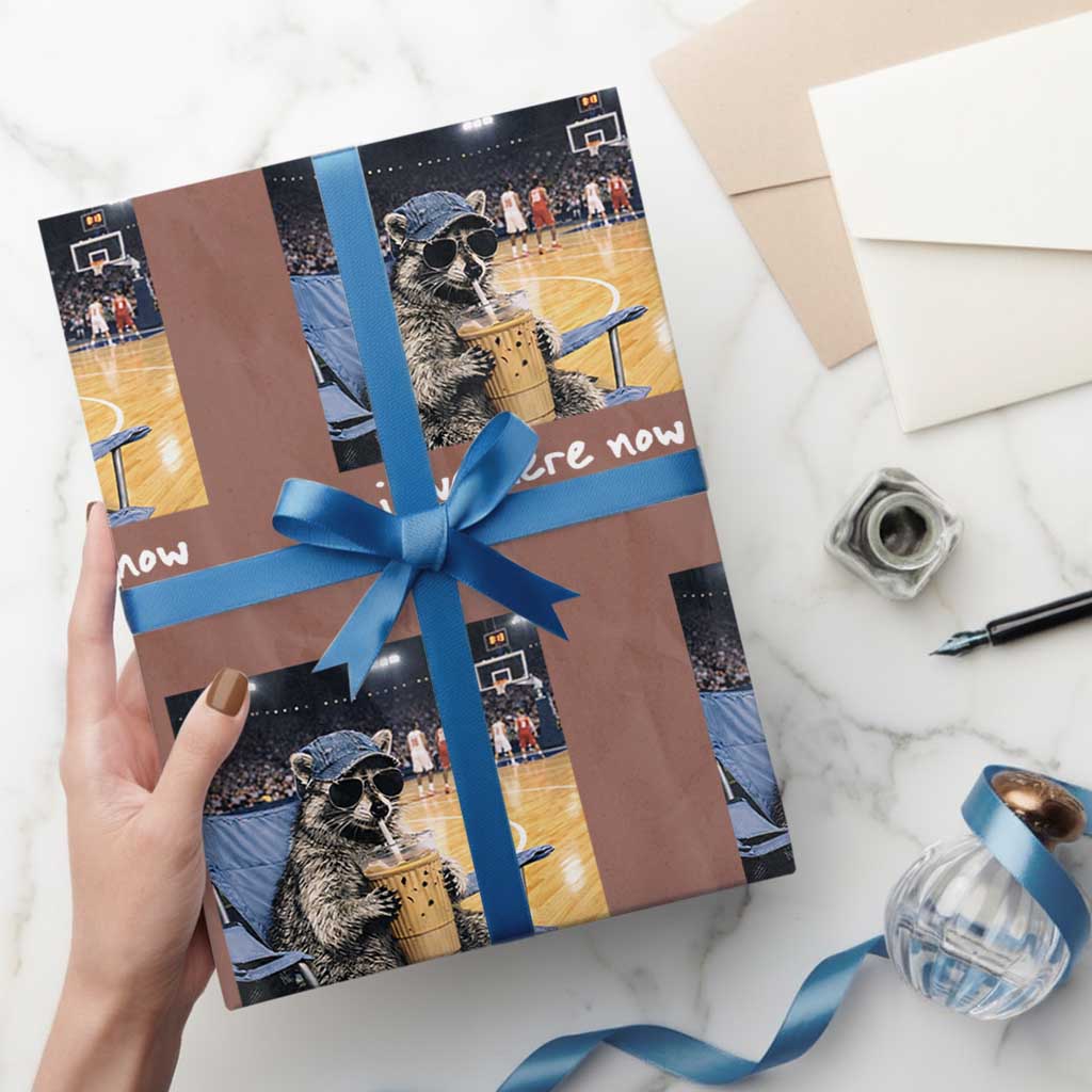 Basketball Raccoon I Live Here Now Wrapping Paper Roll Funny Trash Panda Drinking Iced Coffee Basketball Court