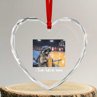 Basketball Raccoon I Live Here Now Heart Crystal Glass Ornament Funny Trash Panda Drinking Iced Coffee Basketball Court