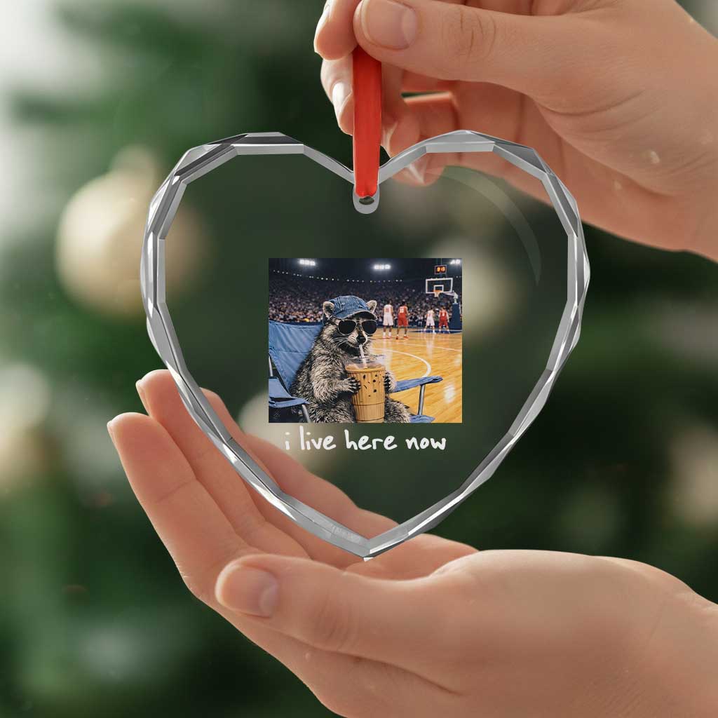 Basketball Raccoon I Live Here Now Heart Crystal Glass Ornament Funny Trash Panda Drinking Iced Coffee Basketball Court